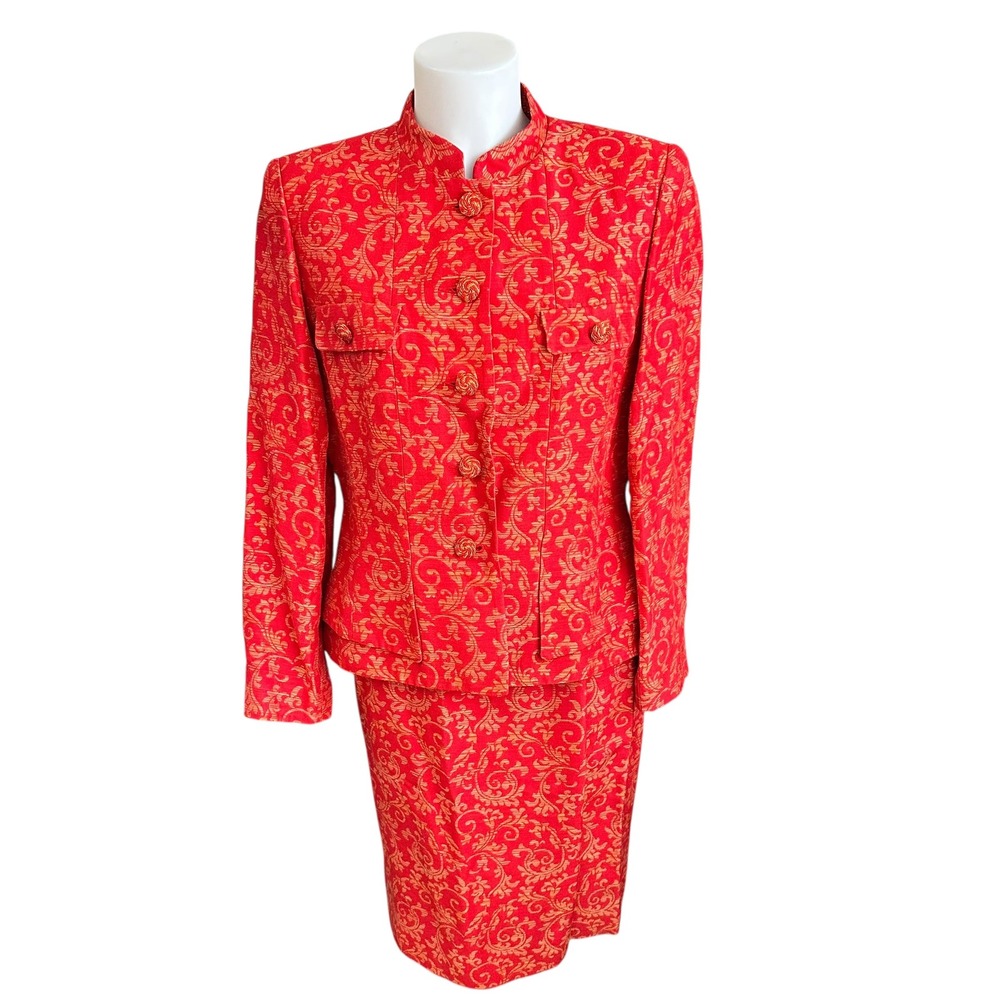 Rickie Freeman for Teri‎ Jon Vintge Red Orange Brocade Classic Blazer Skirt Sz 8